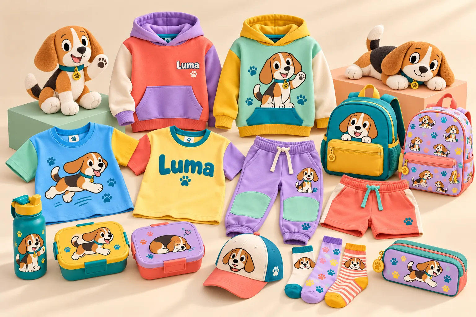 Koncepcja kolekcji Luma: pluszaki, bluzy, koszulki, plecaki, bidon, czapka i skarpetki z pieskiem