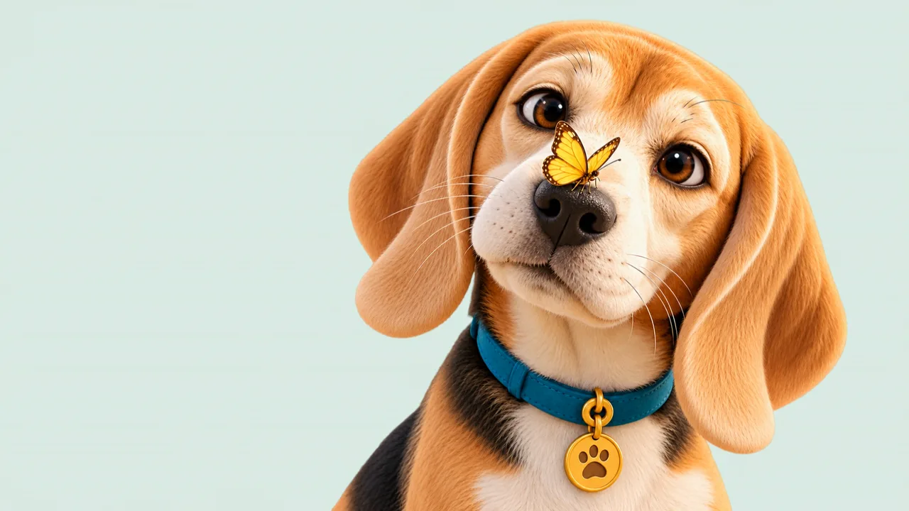 Luma, beagle z turkusową obrożą, patrzy na żółtego motyla, który przysiadł jej na nosie